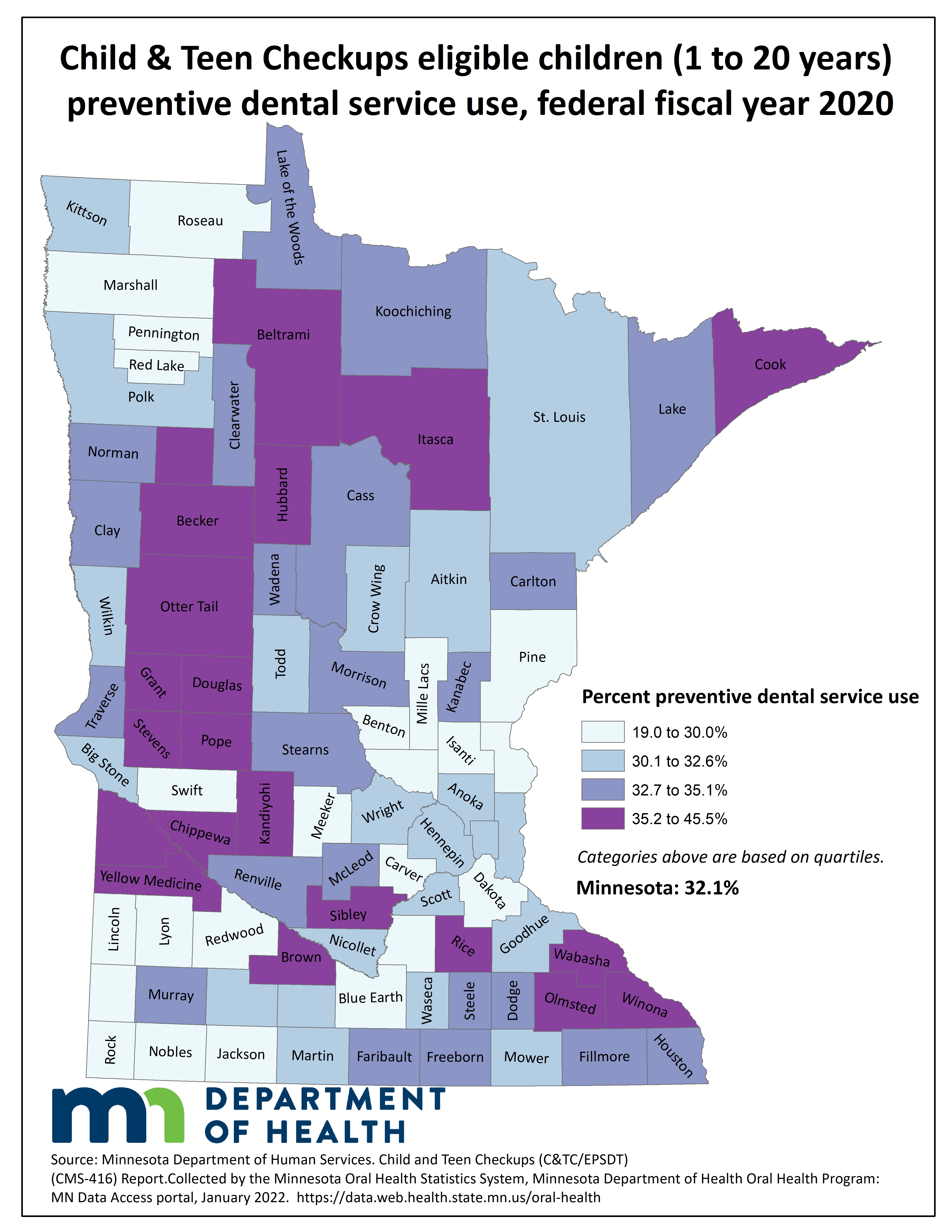 County map image Child & Teen Checkup Eligible Children (1 to 20 years) Non-Dentist Oral Health Service Use and link to PDF of the same