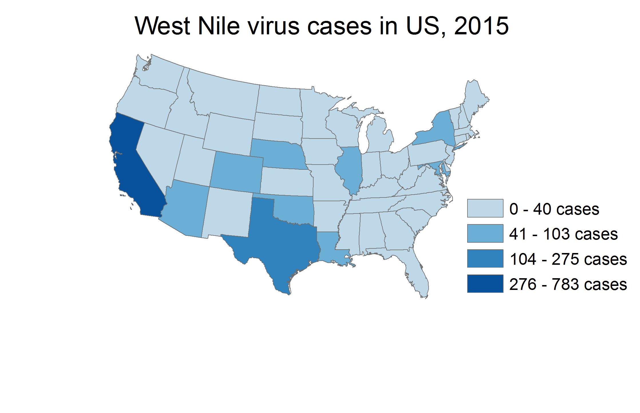 Map of West Nile Virus Cases in US in 2016