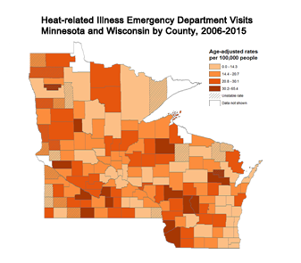 Heat-related Illness Emergency Department Visits, Minnesota and Wisconsin by County, 2006-2015