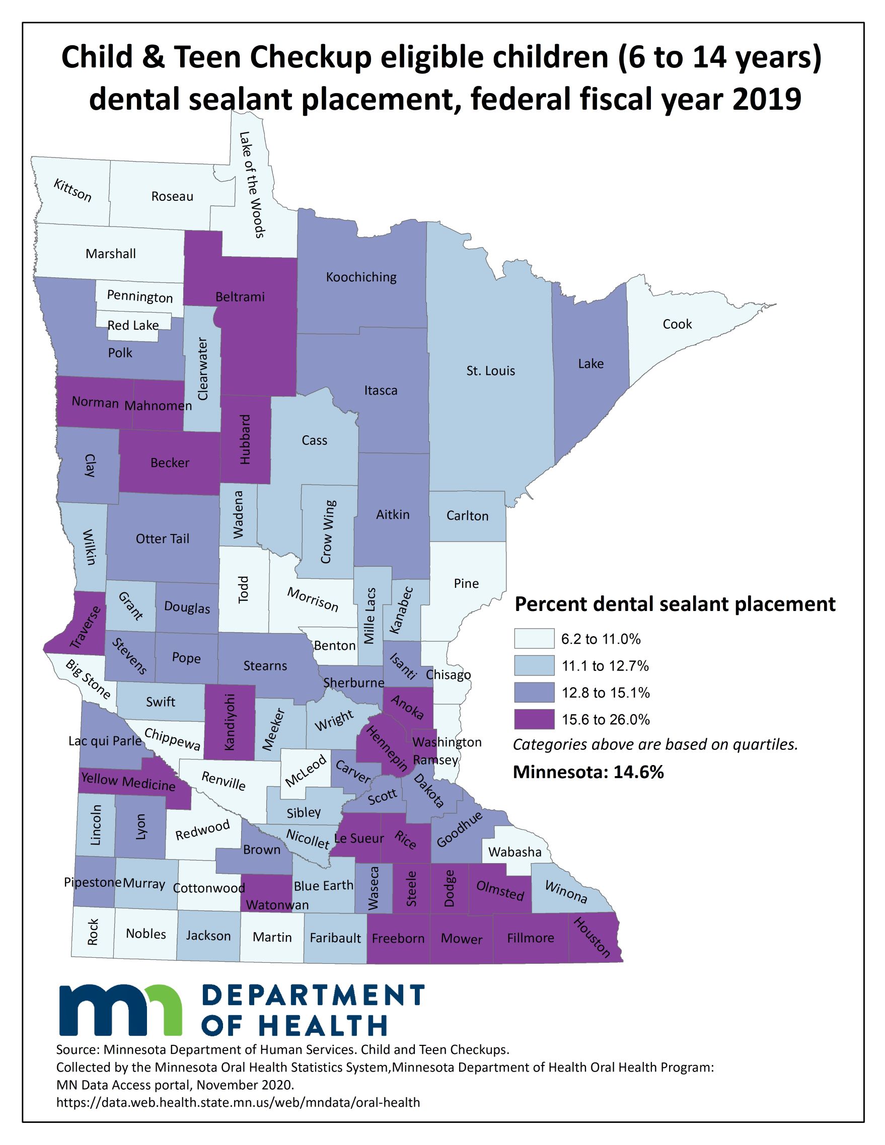 County map image Child & Teen Checkup Eligible Children (1 to 20 years) Dental Sealant Use and link to PDF of the same