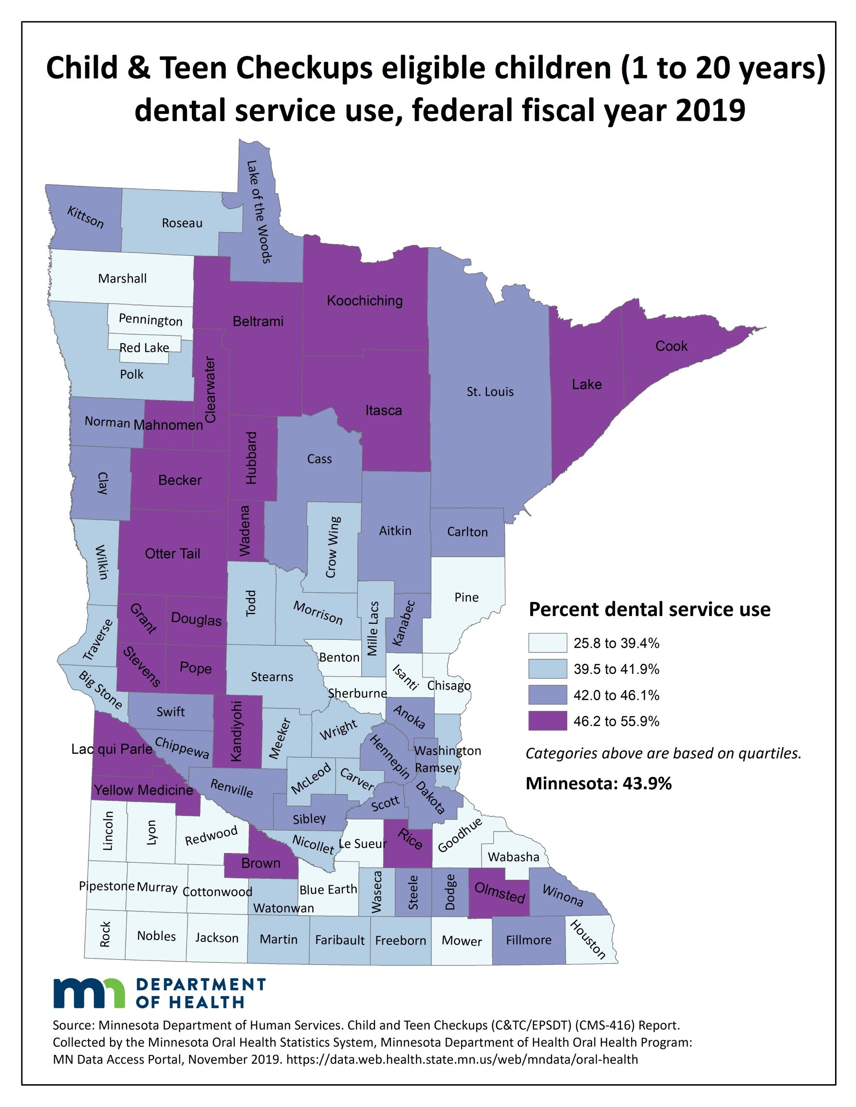 County map image Child $amp; Teen Checkup Eligible Children (1 to20 years) Dental Service Use and link to PDF of the same